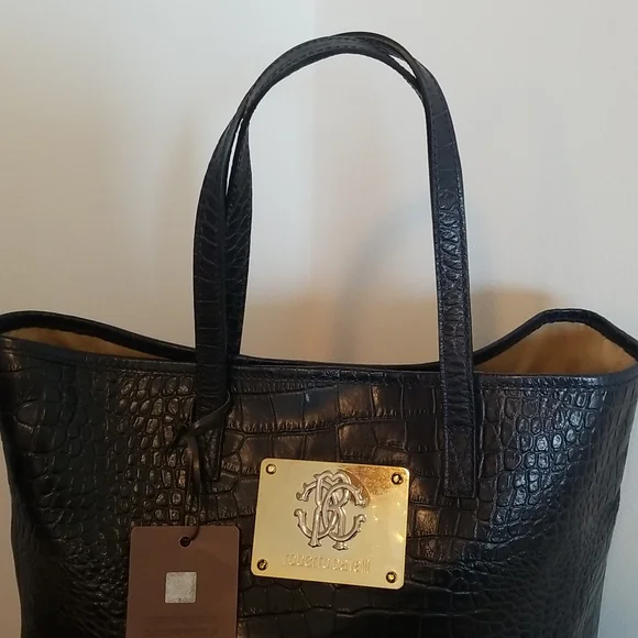 Roberto Cavalli NWT Women's Navy Blue Leather Snake Tote Handbag - Picture 3 of 6